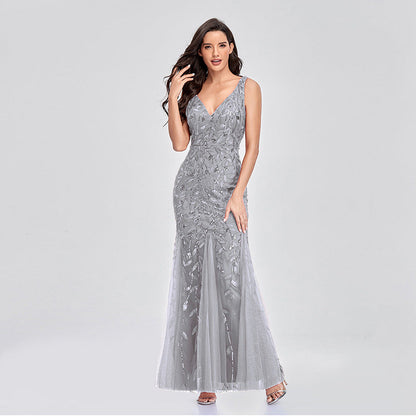 Evening Dress V neck Tulle Embroidered Sequ Mermaid Prom Formal Dress