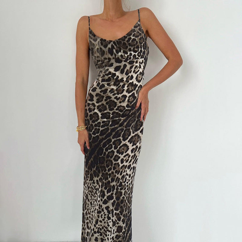 Leopard Print Backless Lace Up Dress Slim Strap Dress