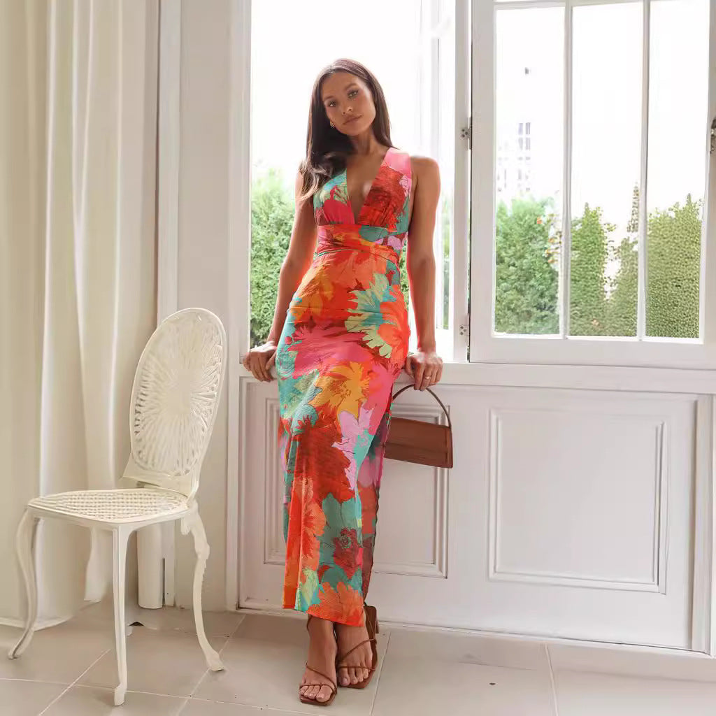 Casual V neck Printed Lace up Mid Length Dress