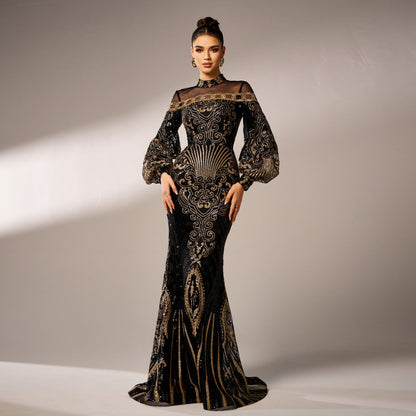 Long Sleeve round Neck Long Sequined Cocktail Mesh Fishtail Evening Dress Bridesmaid Dress