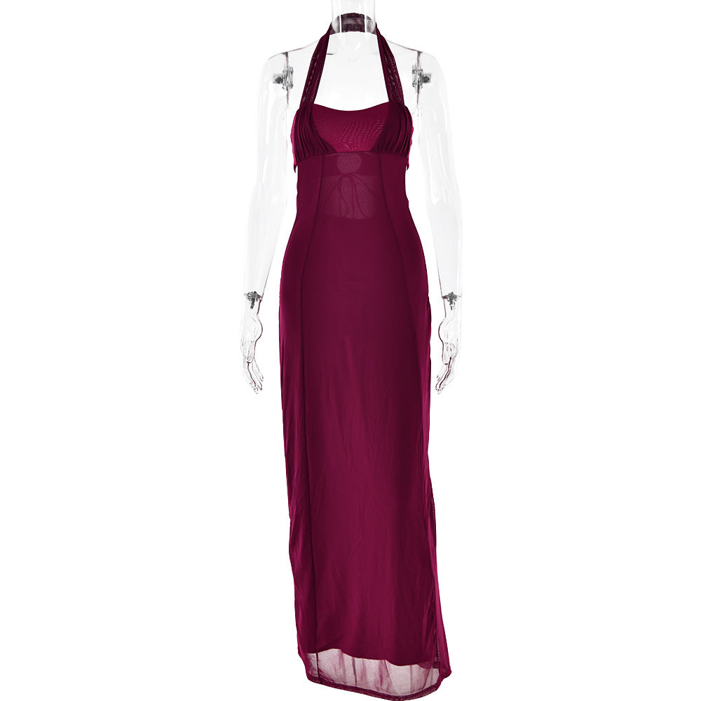 Halter Stitched Backless Slim Fit Sheath Dress