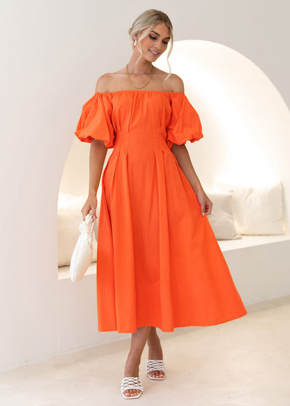 Casual Solid Color off-Neck Lantern Sleeve High Waist Dress for