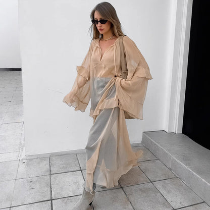 Khaki  Batwing Sleeve Dress Sun Protective Blouse Maxi Dress for
