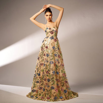 High Class Elegant Sleeveless off Neck Strap Cocktail Sequined Large Swing Evening