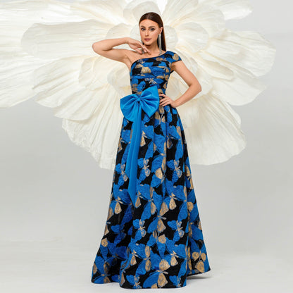 High End Sleeveless Elegant One Shoulder Diagonal Collar Cocktail Lace Up Evening Dress Bridesmaid Dress Large Swing