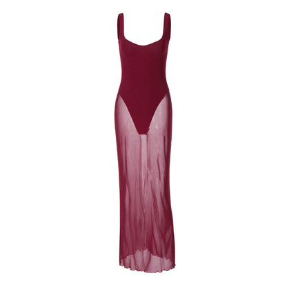 Fashionable Elegant Slim Fit Long Stitching Tulle Side Sling Dress