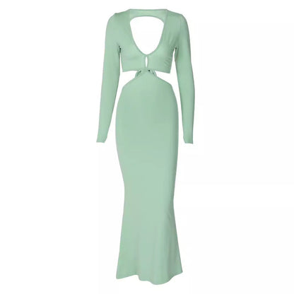 Long Sleeve Backless Hollow Out Cutout Slim Fit Dress
