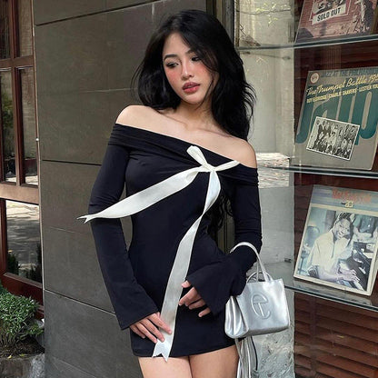 Long Sleeve off Shoulder Bow Sheath Dress