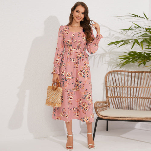 Fall Retro Long Sleeve Smocking Floral Mid Length round Neck Dress Popular
