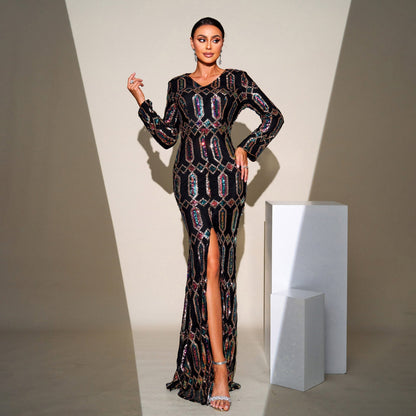 High End Long Sequined Long Sleeve V Neck Cocktail Evening Dress Bridesmaid Dress