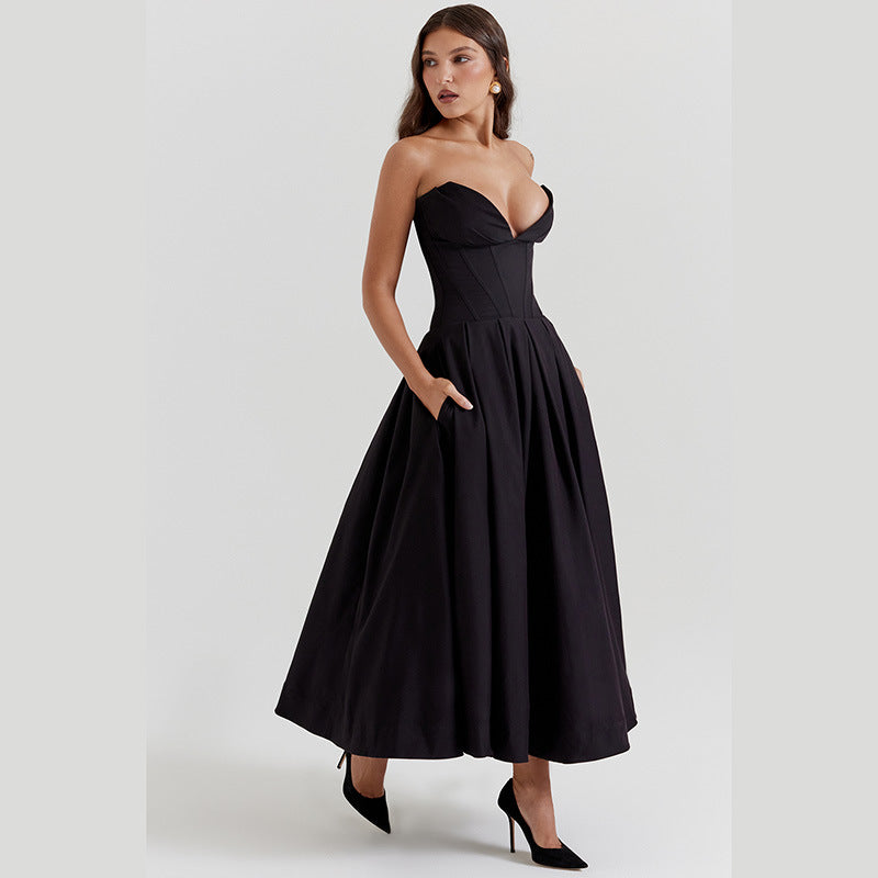 Fashionable Pointed Angle Boning Corset Waist A Line Dress Tube Top