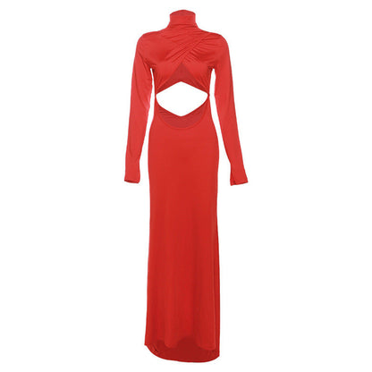 High Collar Long Sleeve Cutout Bare Cropped Slim Fit Hip Bag Dress