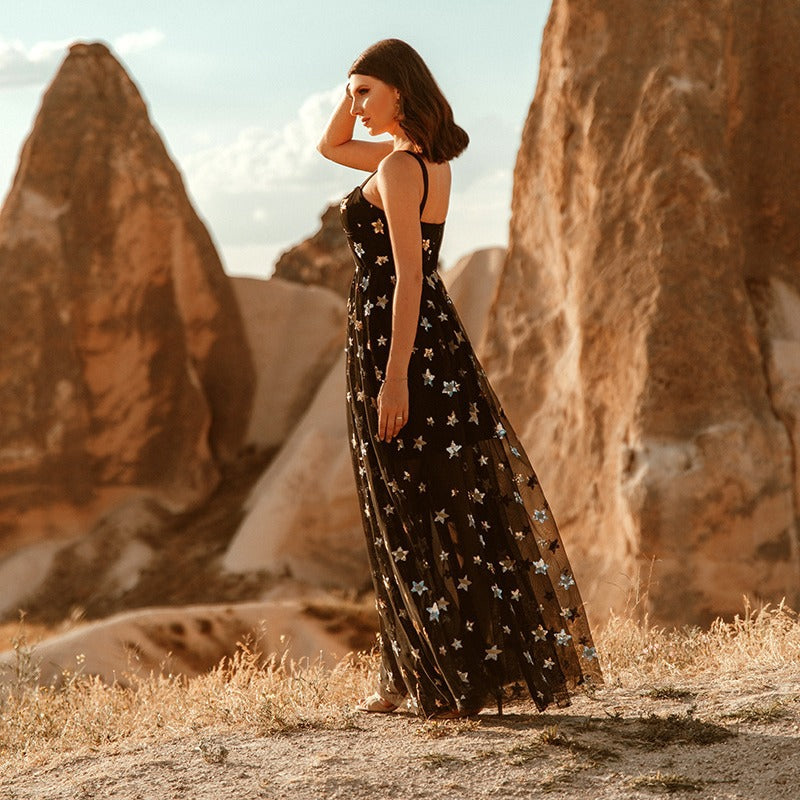 Five Pointed Star Mesh Camisole See Through Dress Maxi Dress
