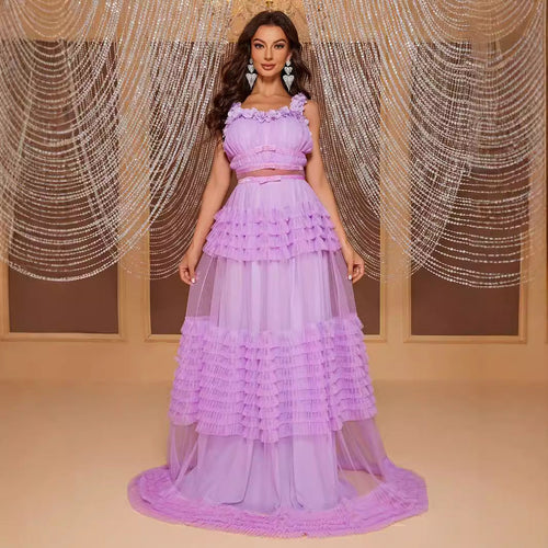 Lace Sling Maxi Dress Sleeveless Cake Multi Layer Stitching Elegant Dress