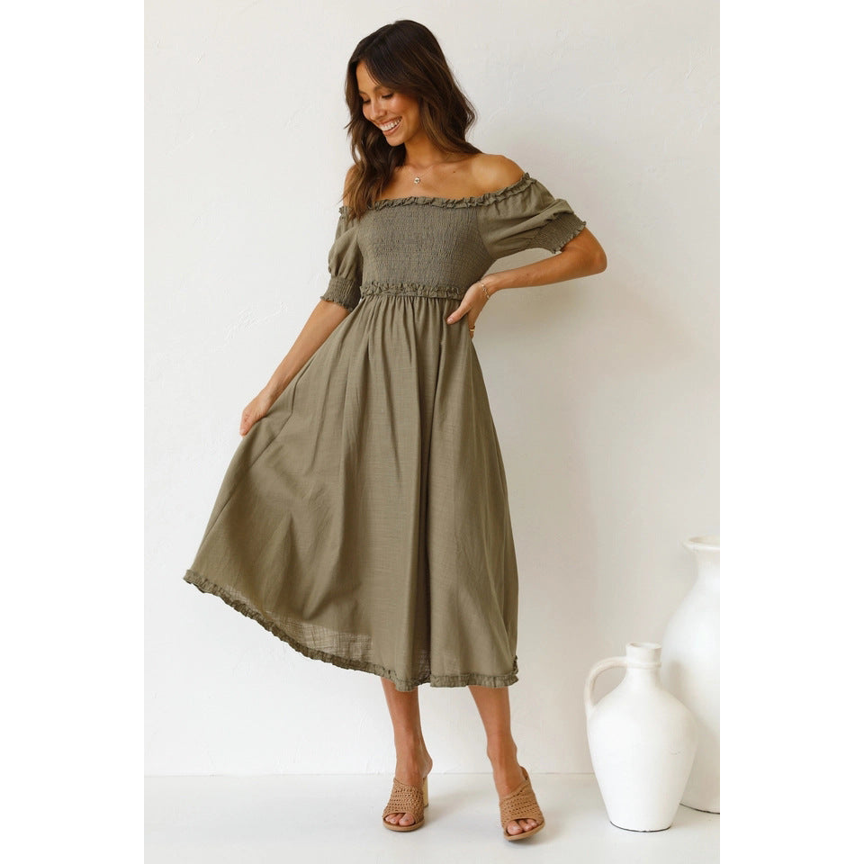 Lace Fresh Sweet Solid Color Mid-Length Dress