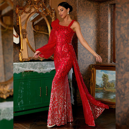 Elegant Long Sequined Long Sleeve Diagonal Collar Backless Cocktail Evening Dress Bridesmaid Bodycon Maxi