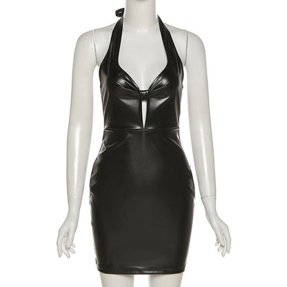 Halter Hollow-out Backless Low-Cut Slim Fit Faux Leather Dress for