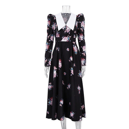 Early Retro Printed Large Swing Dress Waist Controlled Slim Fit Maxi Dress