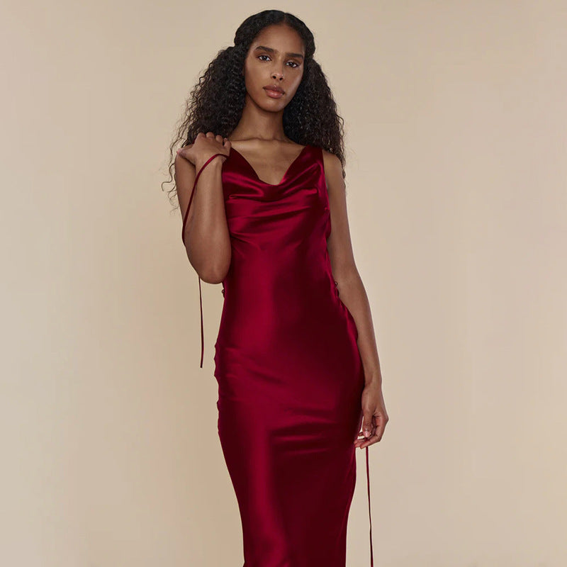 Cocktail Evening Dress Sling Swing Collar Dress Backless Lace Up Maxi Dress