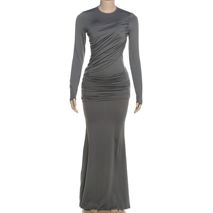 Fall Long Sleeve round Neck See through Solid Color Slim Hip Maxi Dress