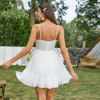 Breasted V neck Ruffled Dress Backless A line Dress Sweet Spicy