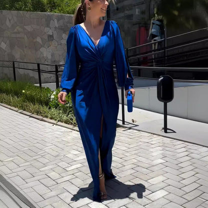 Collar Solid Color Long Sleeve Slim Fit Slit Noble Dress