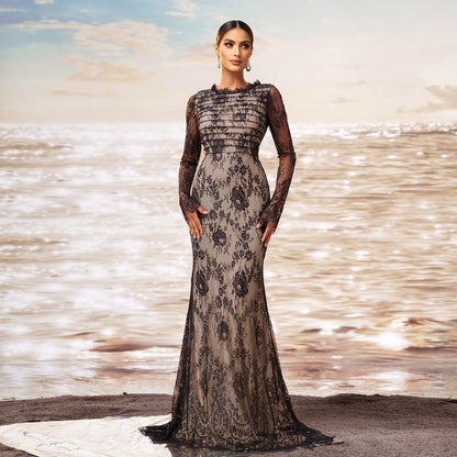 High Grade Long Sleeved round Neck Cocktail Gauzy Package Hip Fishtail Evening Dress Bridesmaid Dress