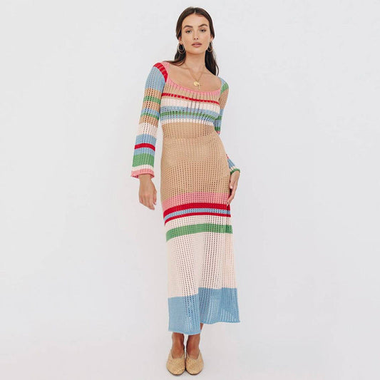 Colorful Contrast Color U Collar Hollow Out Cutout Long-Sleeved Knitted Dress