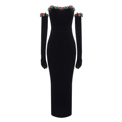 Floral Sequin Lace Decoration Velvet Dress Dress with Gloves
