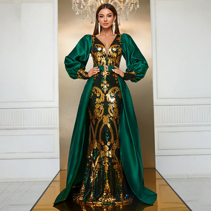 Heavy Industry Dress Sequined Long Sleeve Waist Cloak Party Dress Maxi Dress