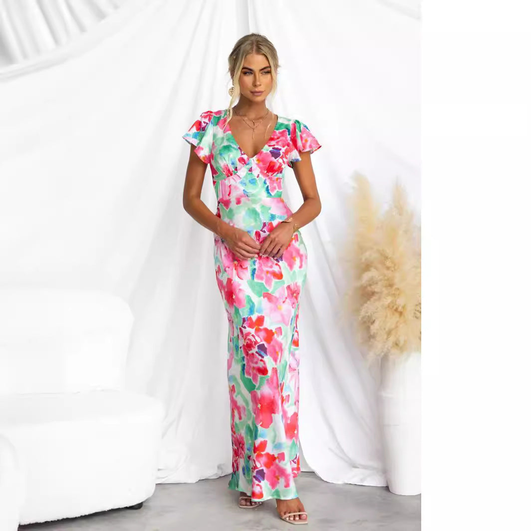 Floral Fresh Sweet V neck Lotus Leaf Sleeve Mid Length Dress