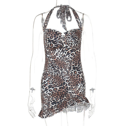 Leopard Print Lace up Backless Slim Hip Short Dress