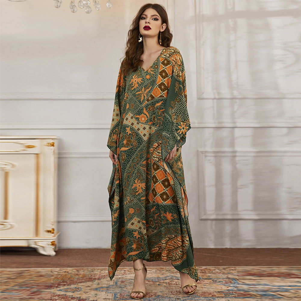 Irregular Asymmetric Dress Fall Long Printed V neck Batwing Sleeve