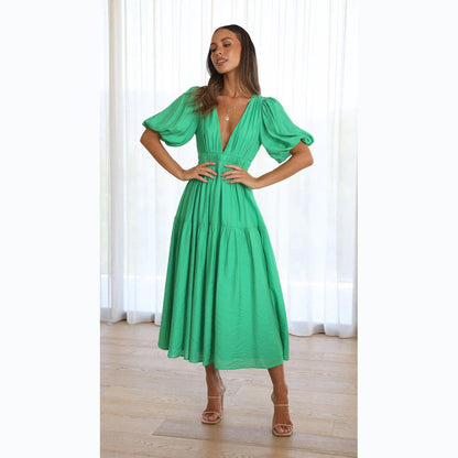 Casual Trends V neck Tight Waist Mid Length Dress