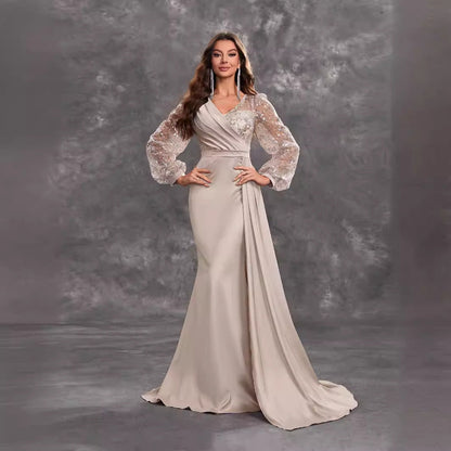 Cocktail Party Evening Dress Sequined Satin V neck Long Sleeve Elegant Evening Gown
