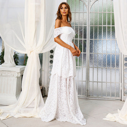 Cocktail Toast Dress Lace Stitching White off Shoulder Chinese Wedding Dress Bridesmaid Dress Evening