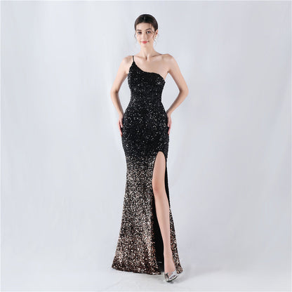 Dress Velvet Bottom Gradient Sequin High Fork Oblique Shoulder Evening Dress