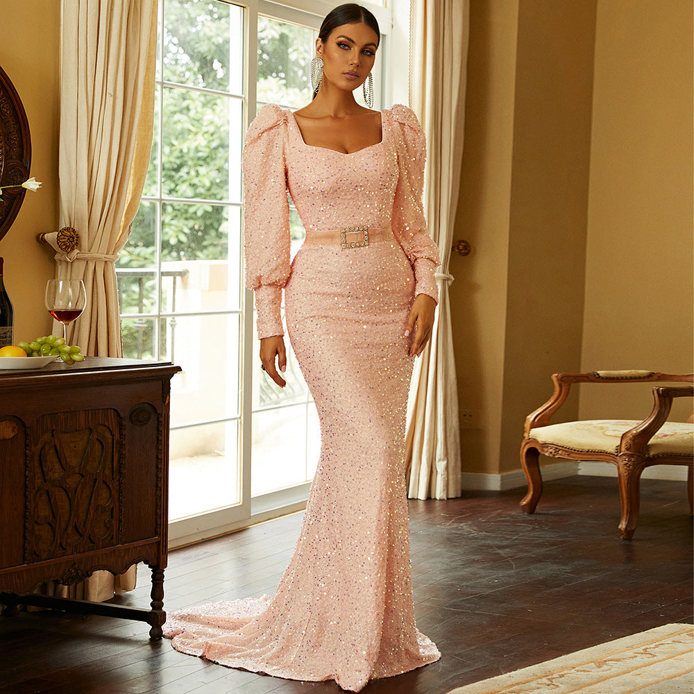 High Waist Long Sleeves Elegant Sequined Dress Evening