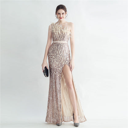 Heavy Industry Ostrich Hair Craft Bundle Hair Oblique Shoulder Side Slit High End Evening Dress