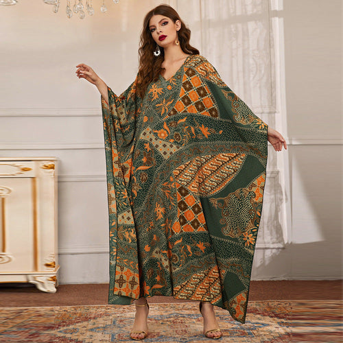 Irregular Asymmetric Dress Fall Long Printed V neck Batwing Sleeve