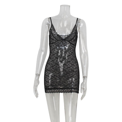 Low Cut Sling Lace See through Sheath Dress