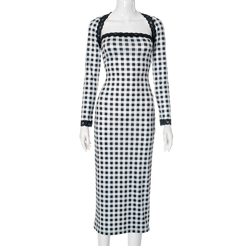 Lace Plaid Printed Tube Top Dress Two Piece Sets A Shawl