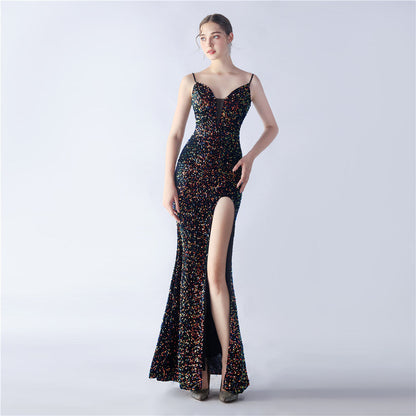 Colorful Sequin Side Slit Long Strap Evening Dress