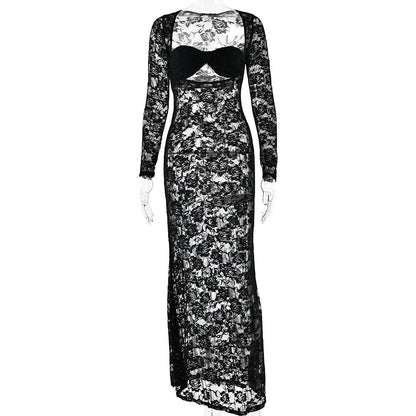 Lace See Through Long Sleeve Slim Fit Dress