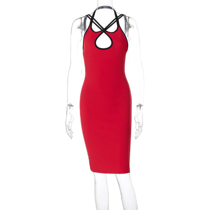 Contrast Color Hollow Out Cutout Slim Fit Dress Halter Backless Lace up Hip
