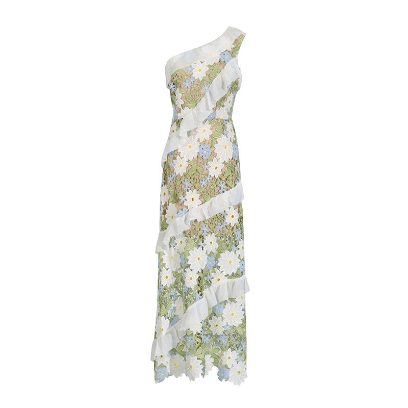 Fashionable Fresh Sweet Shoulder Sleeveless Water Soluble Floral Embroidered Mesh Stringy Selvedge Dress