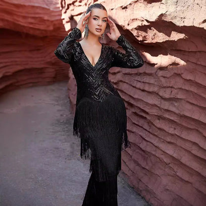 Long Sleeve Black Tassel Dinner Sequ Dress