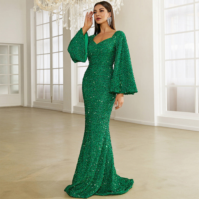Elegant Sequ Toast Dress Mid Length Slimming Solid Color V neck Evening