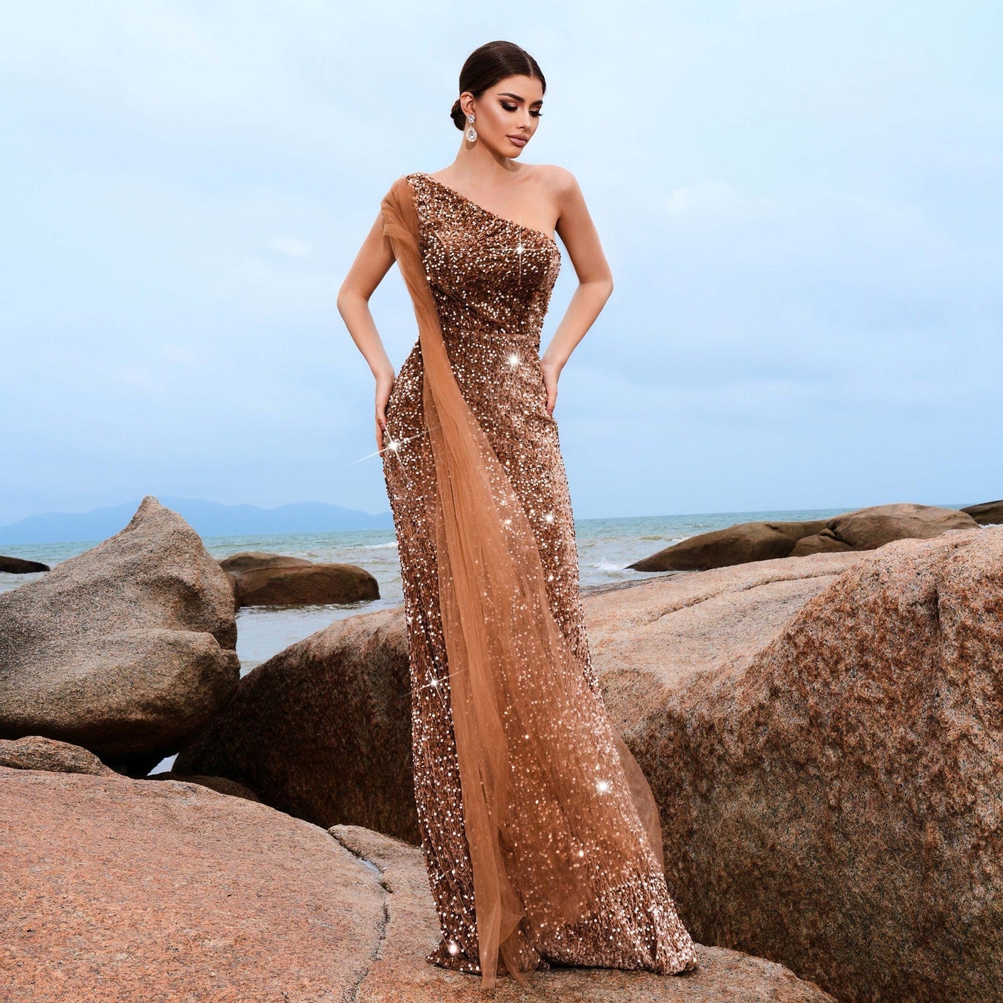 Elegant Bandeau Long Sequined One Shoulder Diagonal Collar Cocktail Evening Dress Bridesmaid Dress