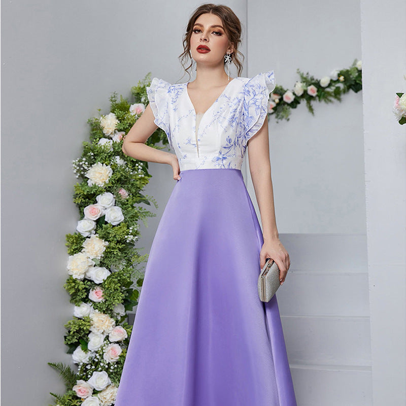 High Waist V neck Petal Sleeve Digital Printing Stitching Dress